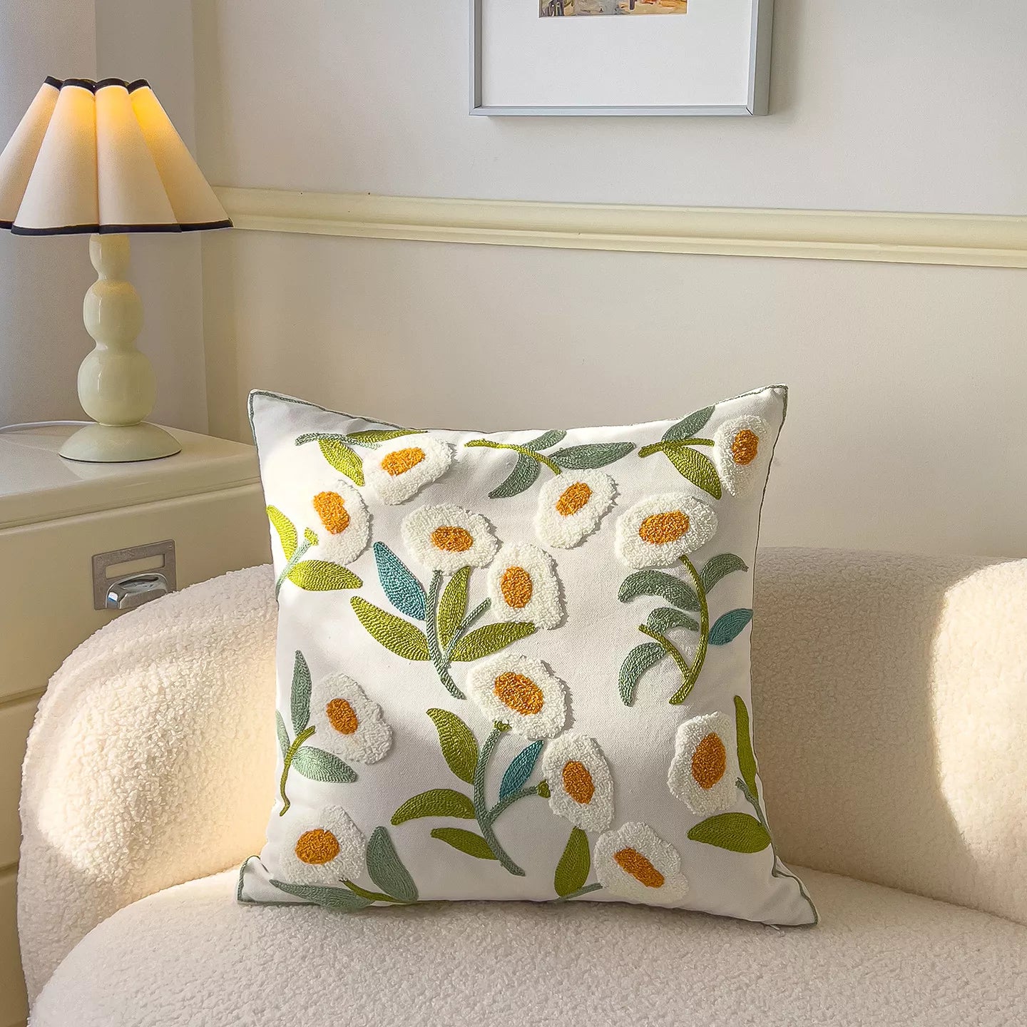 Floral Embroidered Cotton Pillow Cover 18×18 Inch – Cozy Decorative Cushion Case
