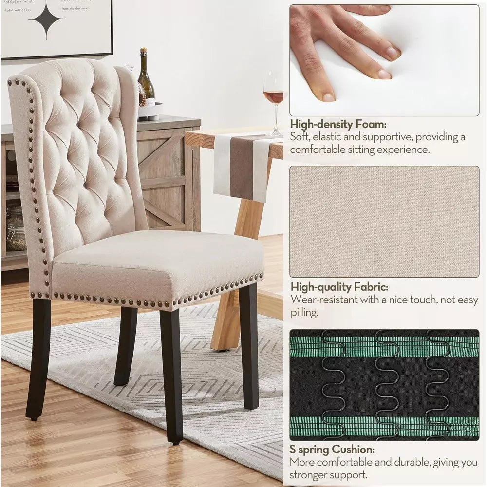 Upholstered Tufted Dining Chairs with Nailhead Trim and Solid Wood Legs, Set of 2 - DSARD