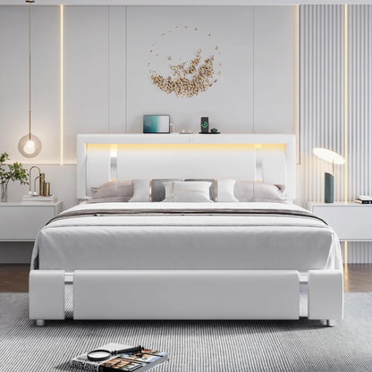 LED Smart Platform Bed with Upholstered Headboard and Storage Drawers - DSARD