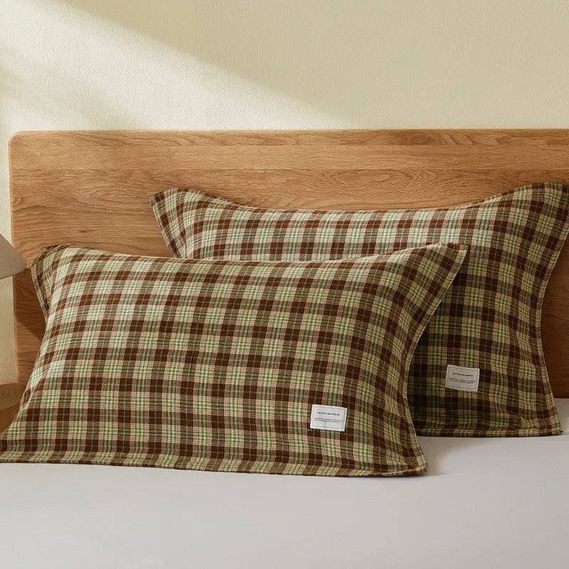 Soft Gauze Cotton Plaid Pillow Towels with Elastic Band, 2-Pack