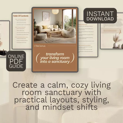 Transform Your Living Room into a Sanctuary Digital Guide | Cozy Home Styling eBook | Living Room Makeover Checklist | Home Sanctuary Design for Relaxation & Calm