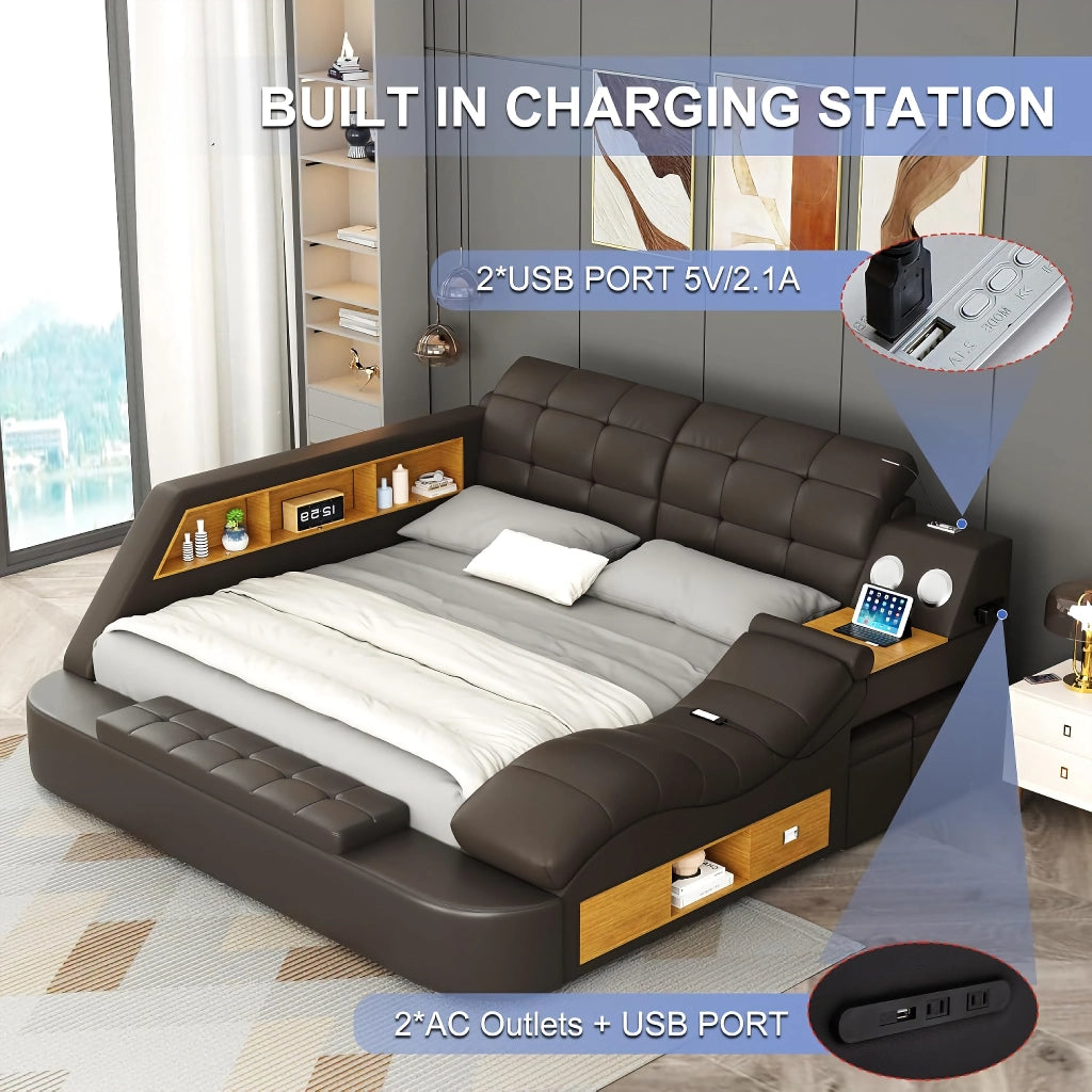 Luxury Smart King Bed with Massage Recliner, Bluetooth Speakers, Storage & USB Ports - DSARD