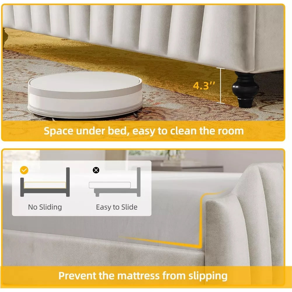 King Size Velvet Platform Bed Frame with 60″ Tall Headboard & LED Lights - DSARD