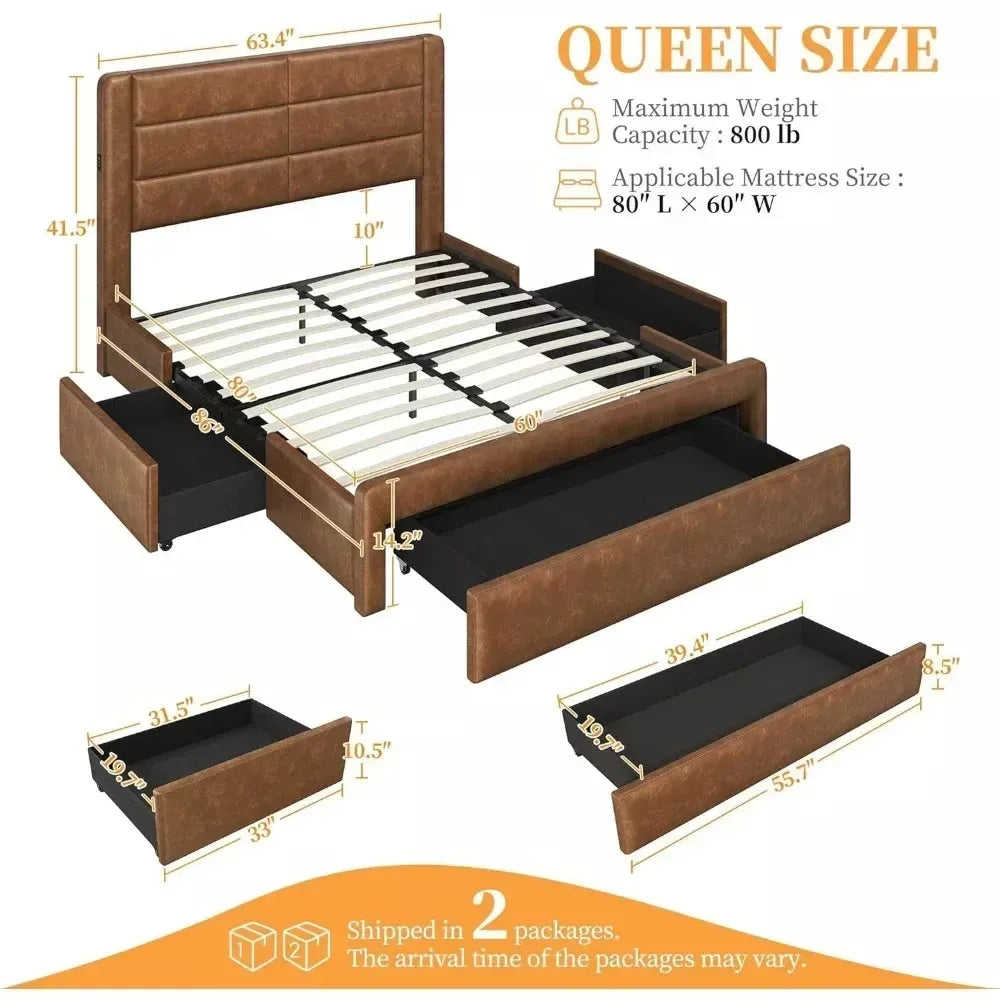 Queen Bed Frame with Storage Drawers & USB Ports, Leather Headboard, 86″x63.5″ - DSARD