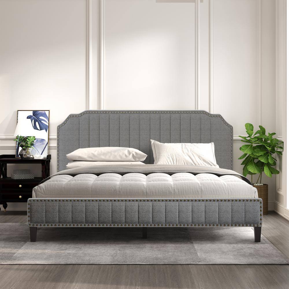 Linen Platform Bed with Nailhead Trim – Modern Upholstered Queen