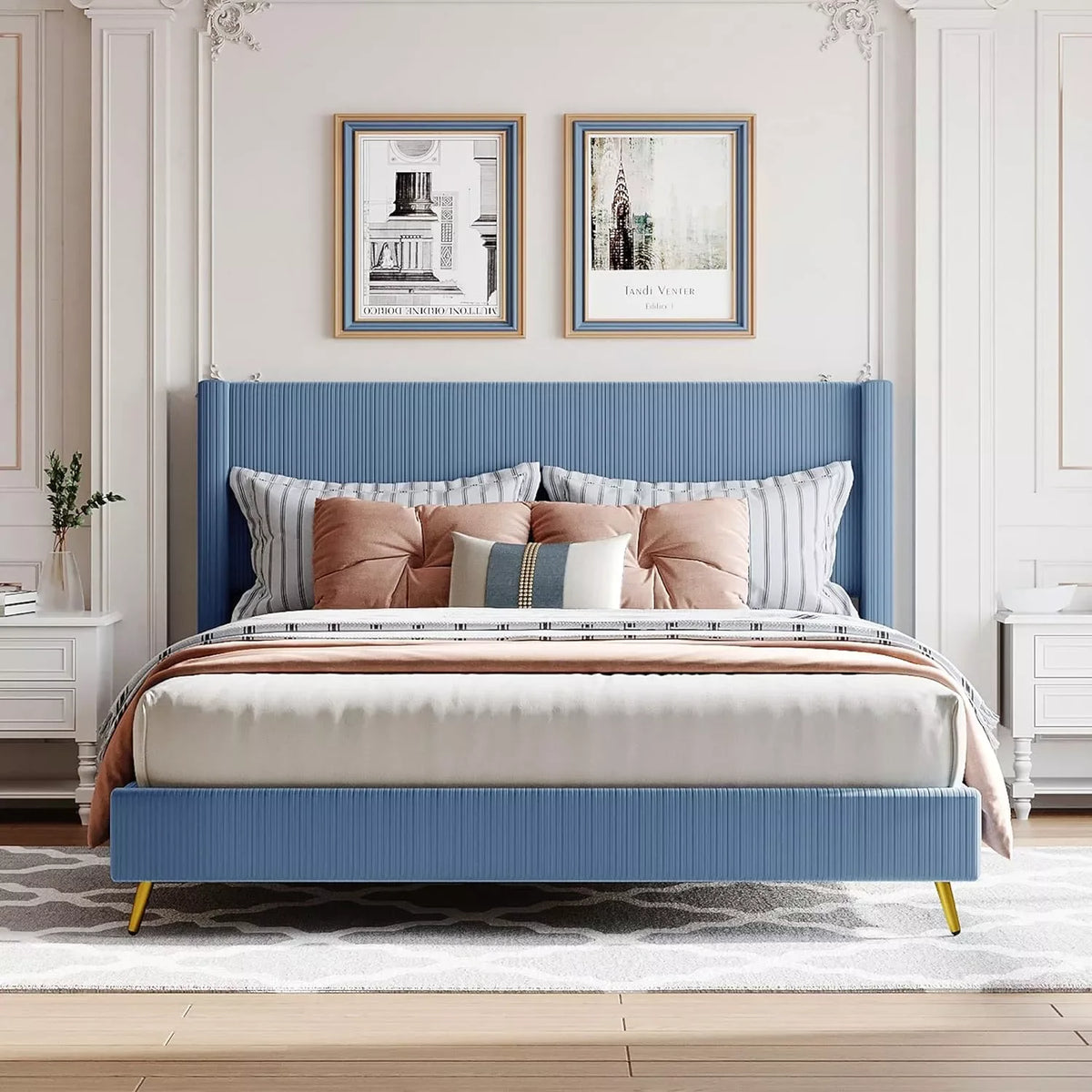 Chic Queen Size Corduroy Platform Bed with Sturdy Metal Legs - DSARD - DSARD