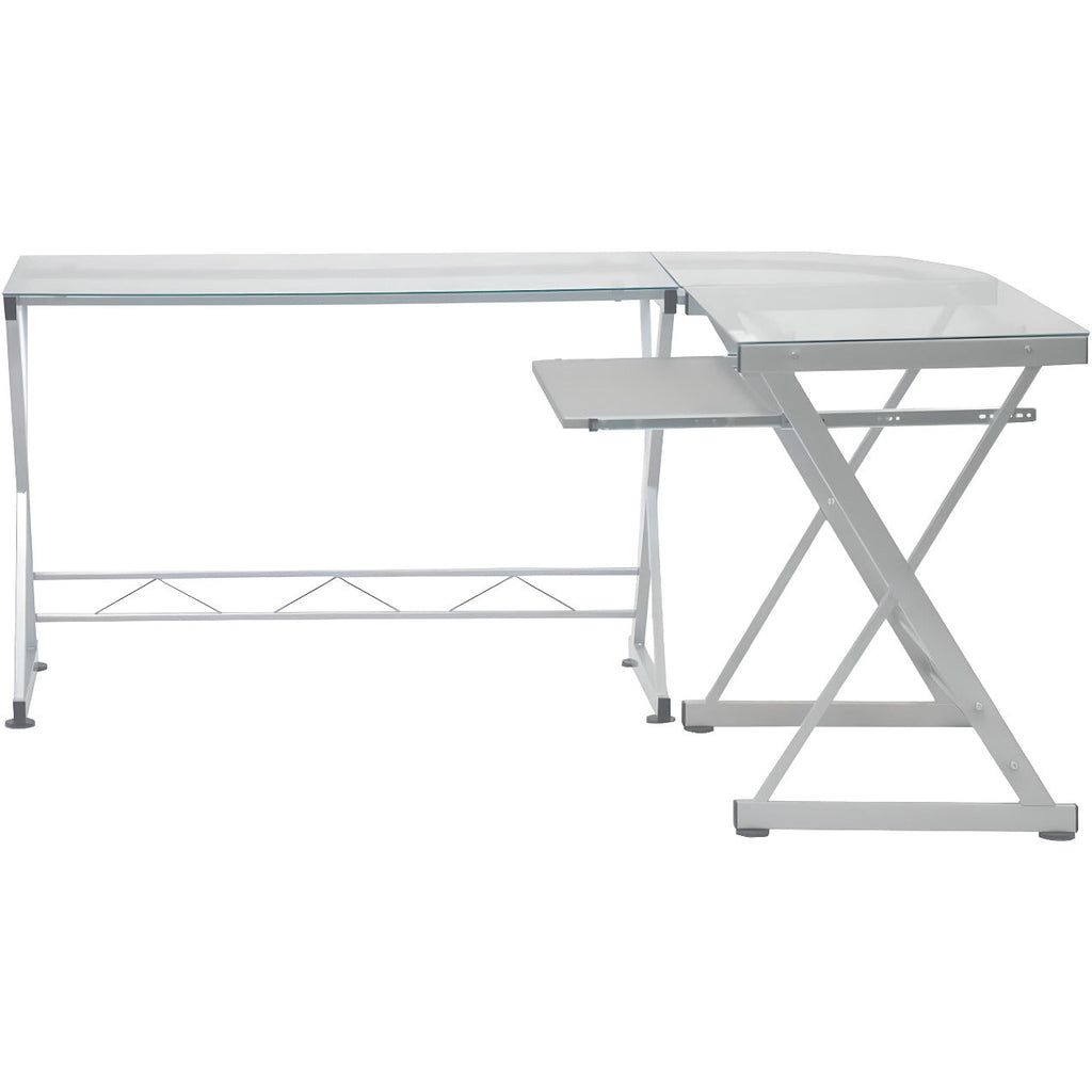 Modern L-Shaped Tempered Glass Computer Desk with Steel Frame and Pull-Out Keyboard Tray - DSARD