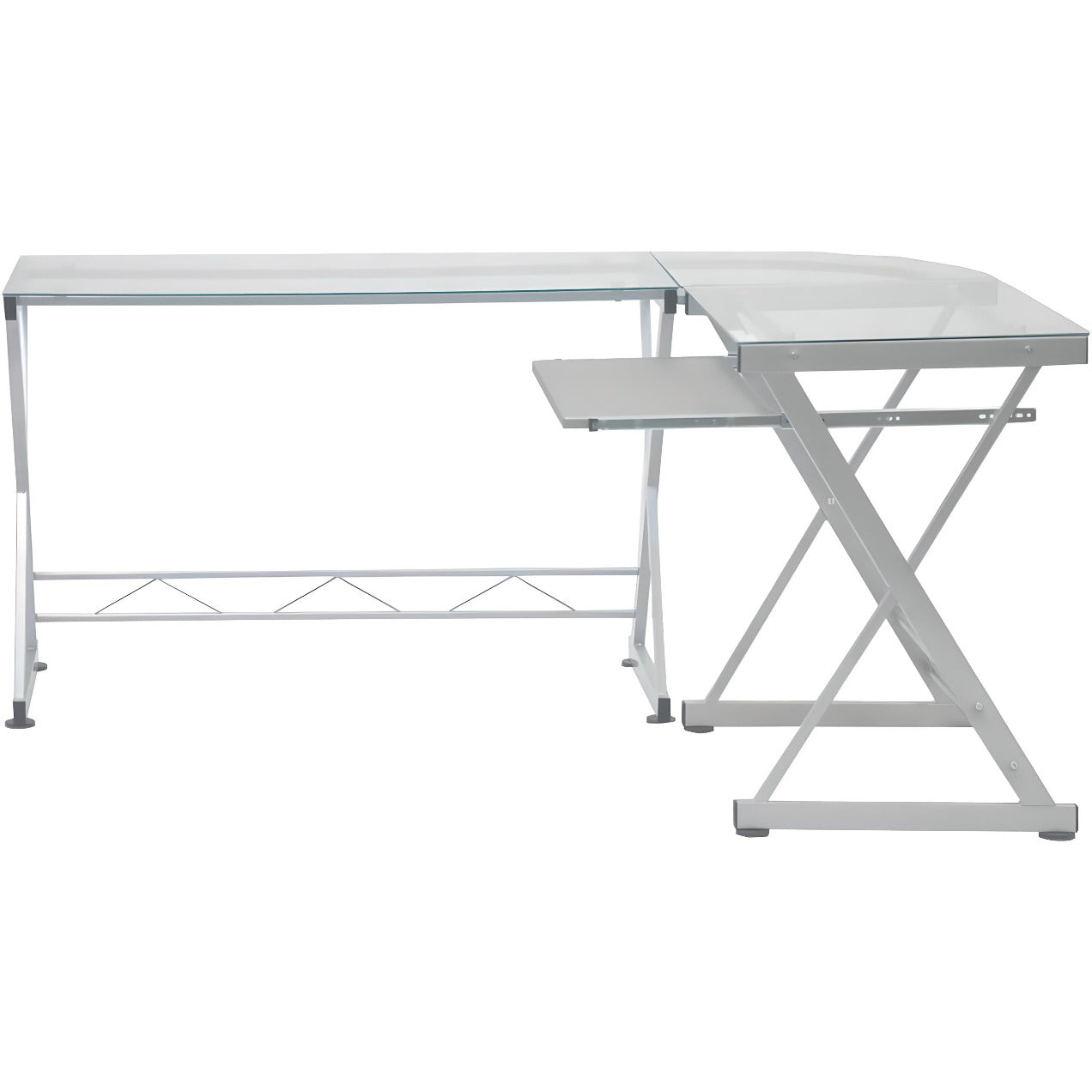 Modern L-Shaped Tempered Glass Computer Desk with Steel Frame and Pull-Out Keyboard Tray - DSARD