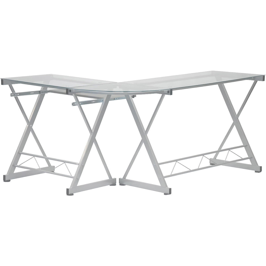 Modern L-Shaped Tempered Glass Computer Desk with Steel Frame and Pull-Out Keyboard Tray - DSARD