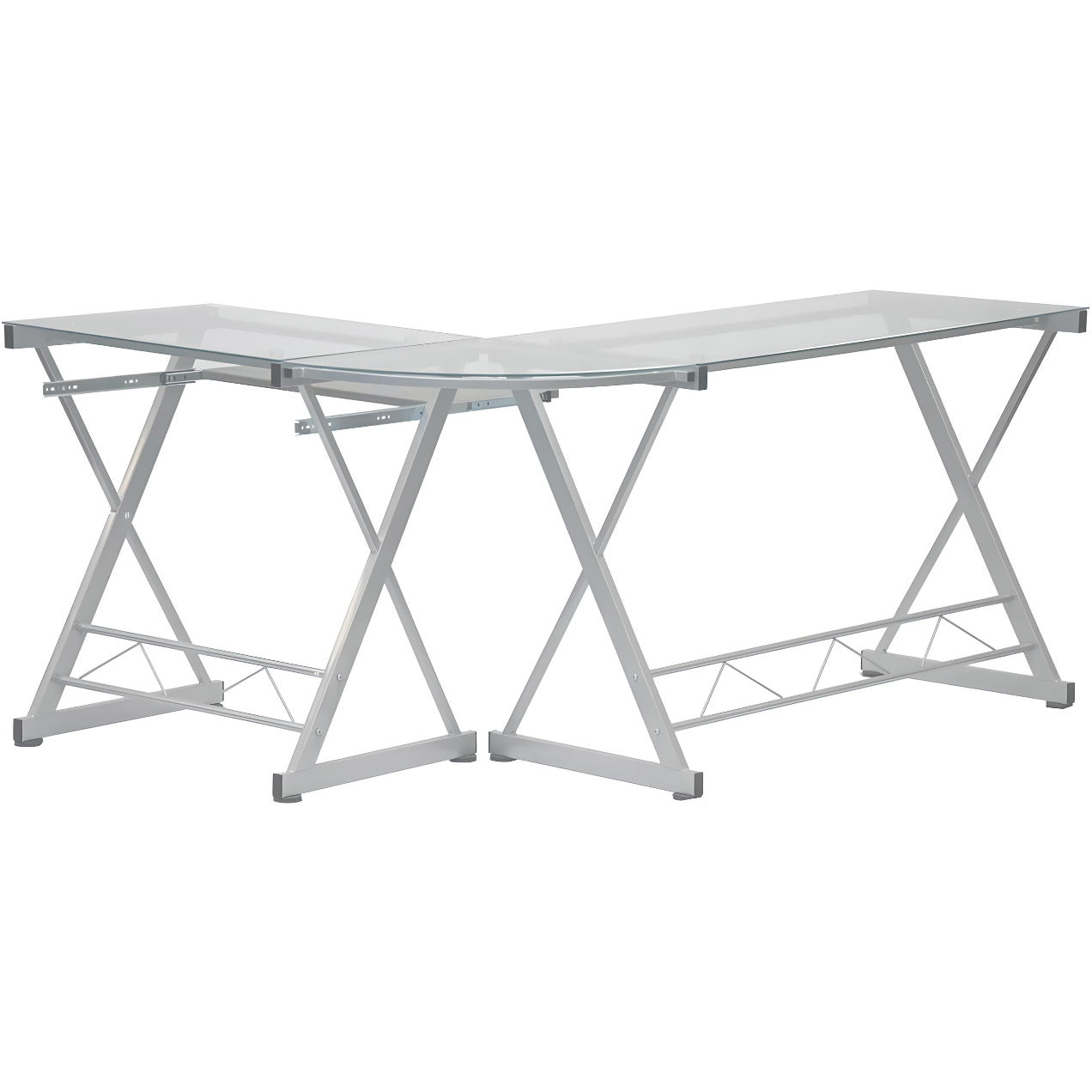 Modern L-Shaped Tempered Glass Computer Desk with Steel Frame and Pull-Out Keyboard Tray - DSARD