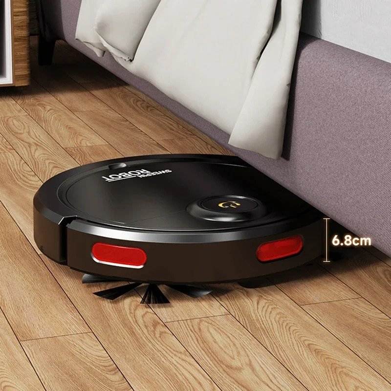 Robot vacuum cleaner on a wooden floor next to a sofa