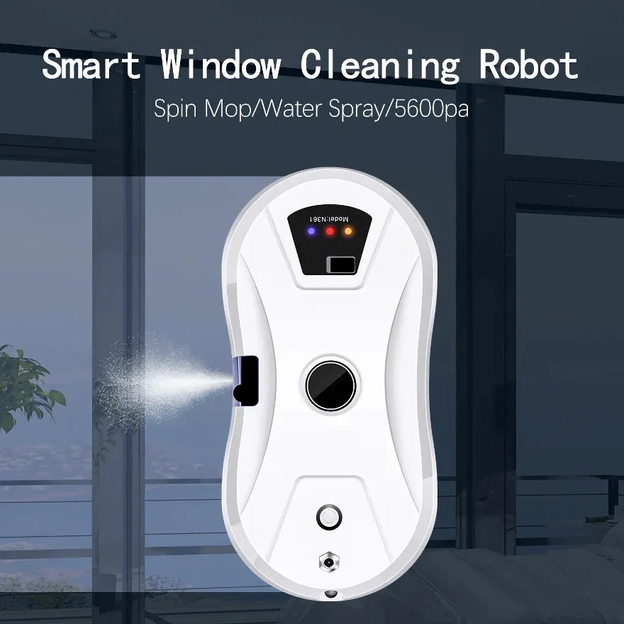 Smart best window vacuum cleaner robot with spray feature on a background of a glass door.