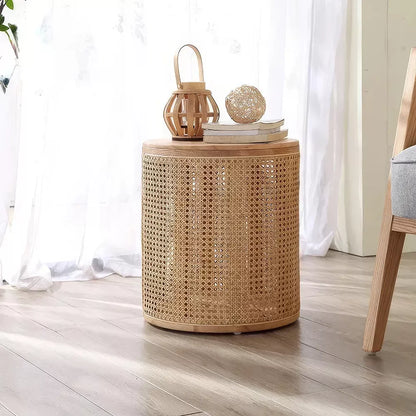 Modern Chinese Round Rattan & Wood Coffee Table - DSARD
