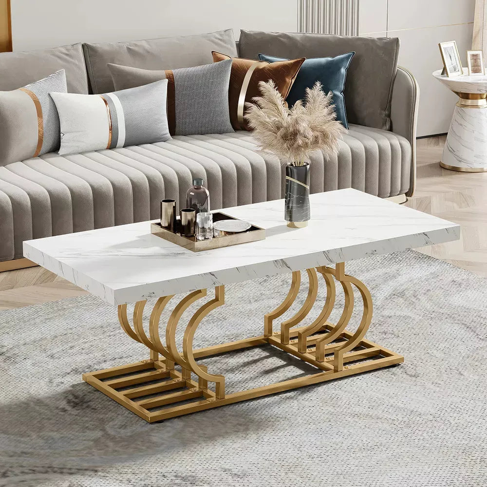 Elegant Faux Marble Coffee Table with Geometric Gold Frame - DSARD