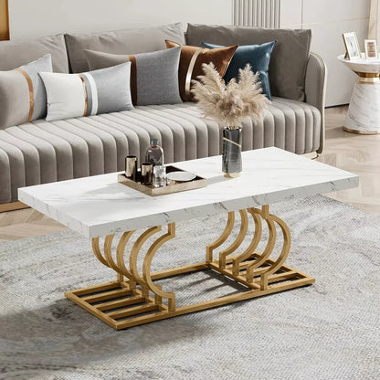 Elegant Faux Marble Coffee Table with Geometric Gold Frame - DSARD