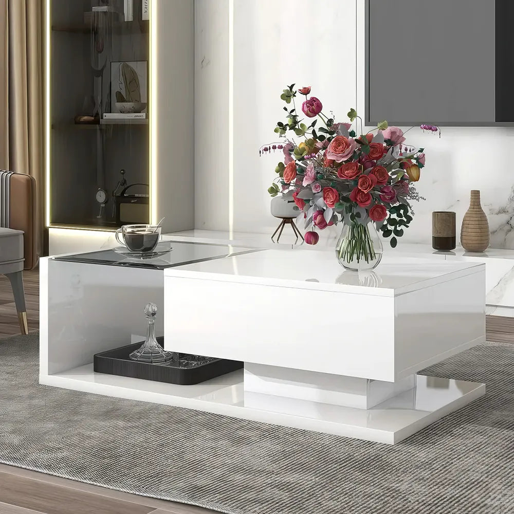 Modern Minimalist Coffee Table with Tempered Glass Top and High-Gloss Wooden Base - DSARD