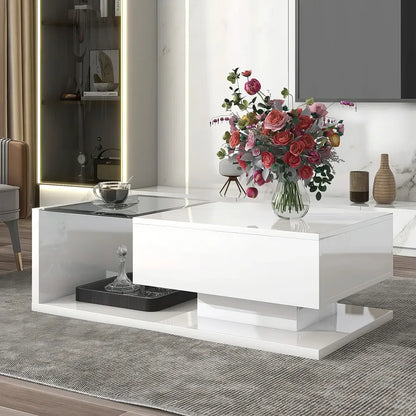 Modern Minimalist Coffee Table with Tempered Glass Top and High-Gloss Wooden Base - DSARD