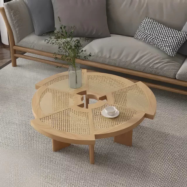 Ash Wood Rattan Round Coffee Table – Low Sofa Side Table
