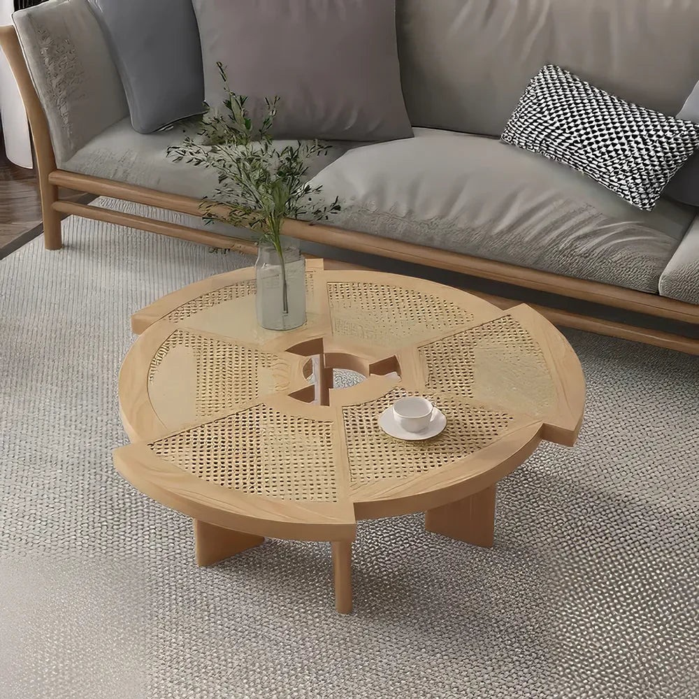 Ash Wood Rattan Round Coffee Table – Low Sofa Side Table