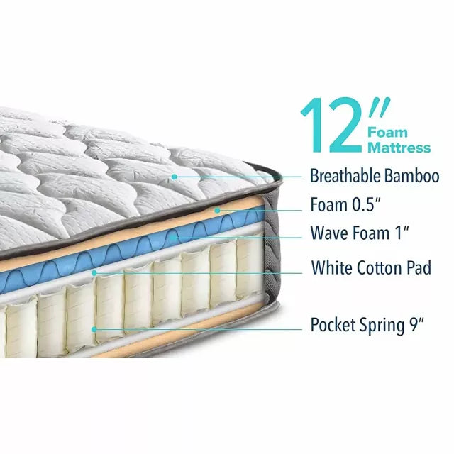 King Size Bamboo 12″ Memory Foam Pocket Spring Mattress - DSARD