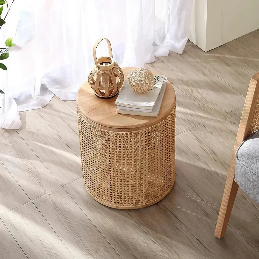 Round Rattan Wood Coffee Table – Modern Chinese Style