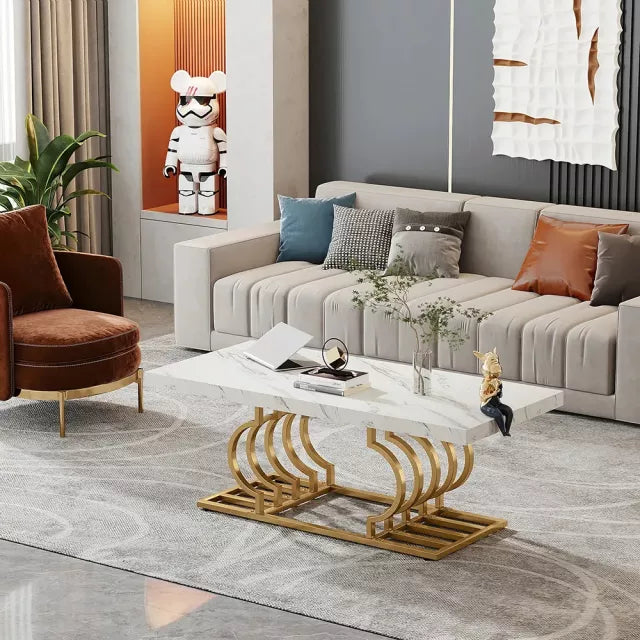 Elegant Faux Marble Coffee Table with Geometric Gold Frame - DSARD
