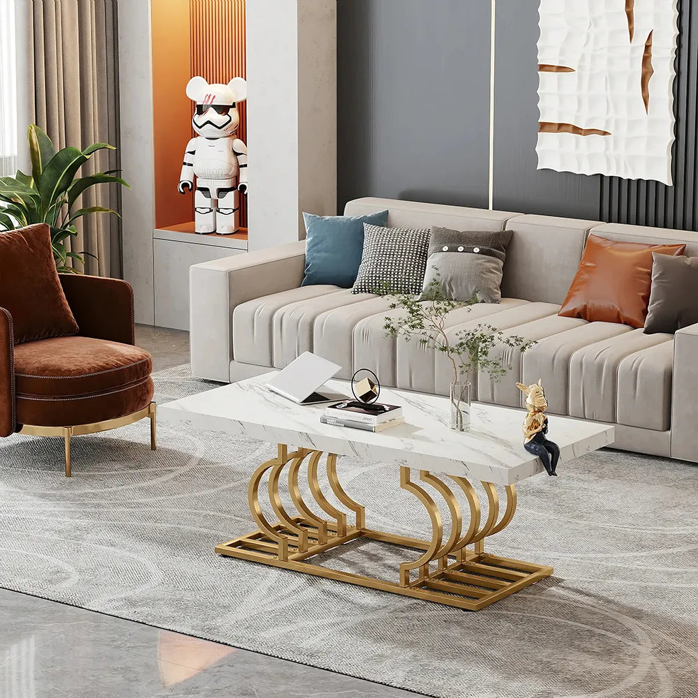 Elegant Faux Marble Coffee Table with Geometric Gold Frame - DSARD