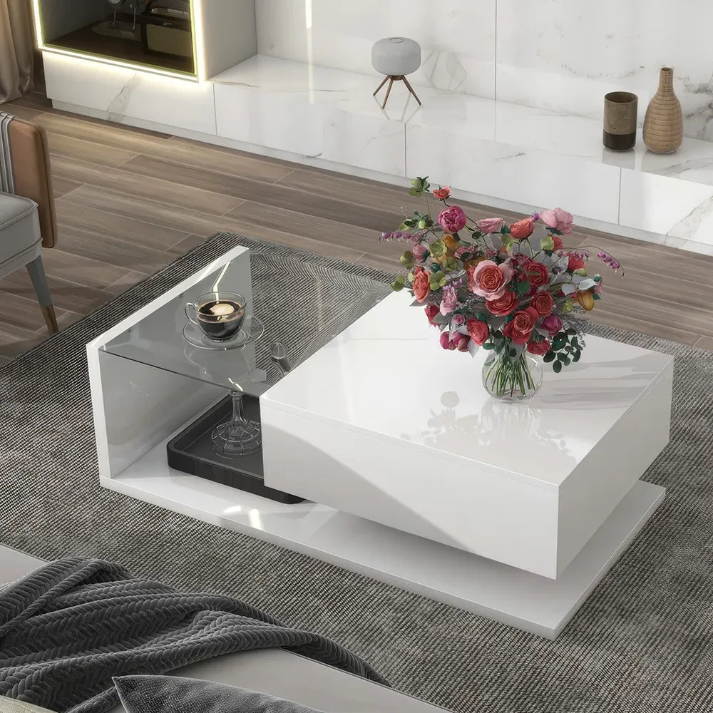 Modern Minimalist Coffee Table with Tempered Glass Top and High-Gloss Wooden Base - DSARD
