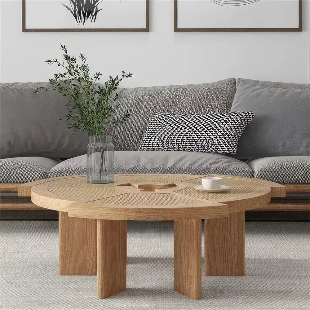 Ash Wood Rattan Round Coffee Table – Low Sofa Side Table