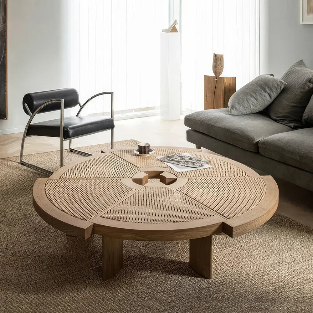 Ash Wood Rattan Round Coffee Table – Low Sofa Side Table