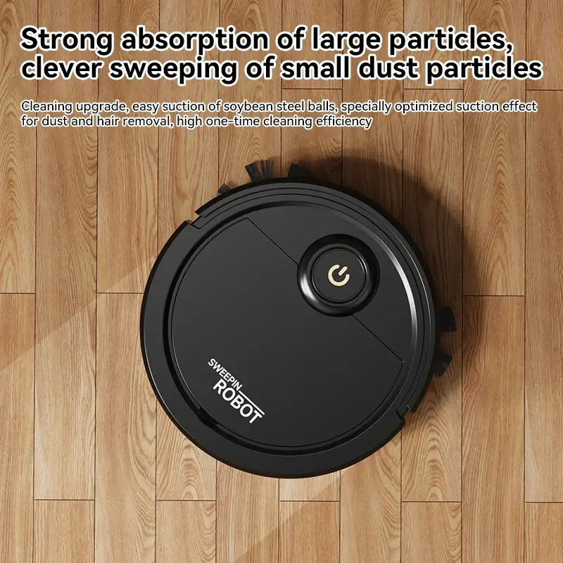 Robotic vacuum cleaner on a wooden floor with text about cleaning capabilities.