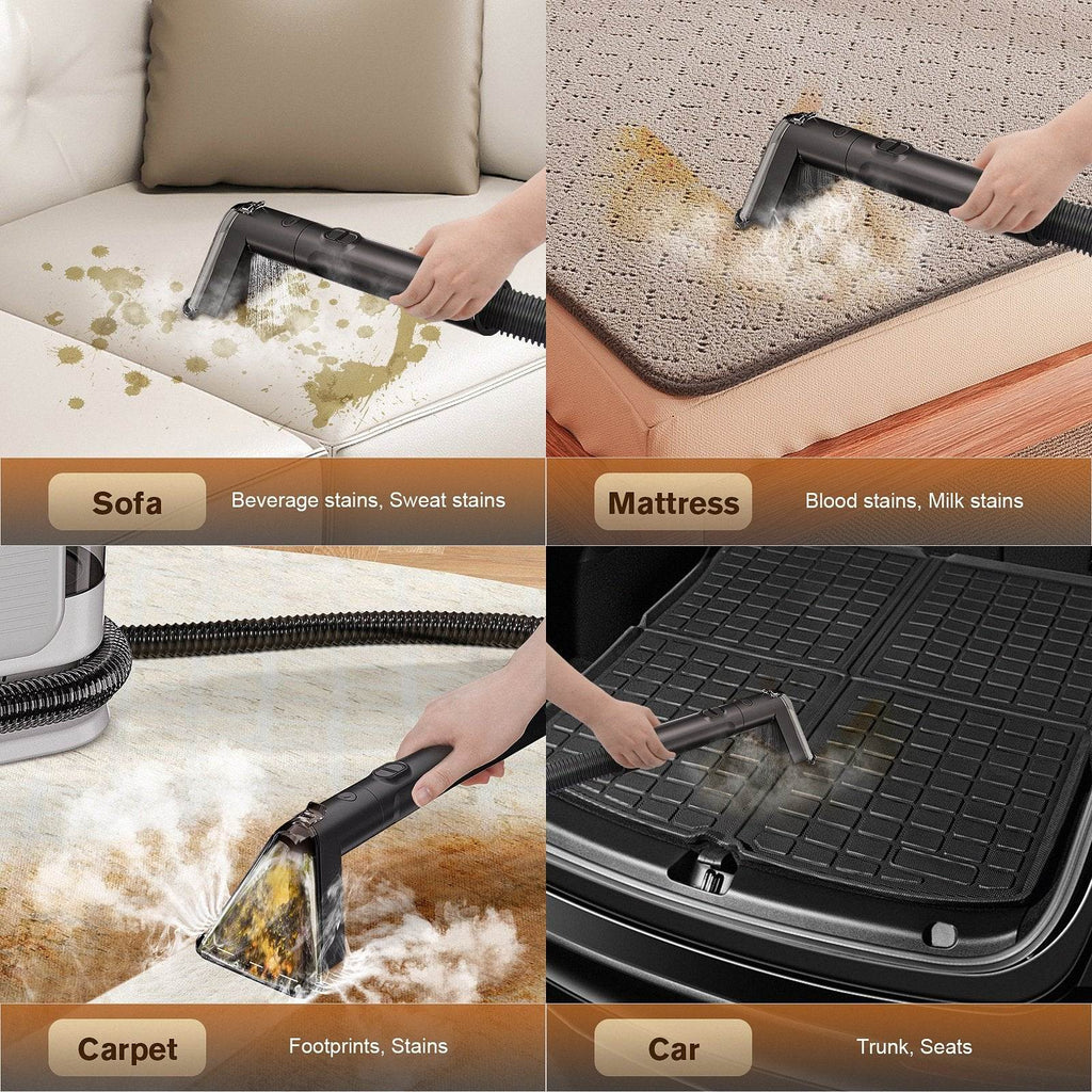 Cleaning tool being used on various surfaces including a sofa, mattress, carpet, and car trunk.