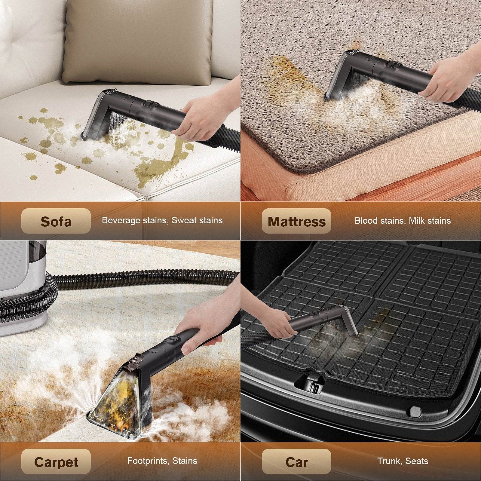 Cleaning tool being used on various surfaces including a sofa, mattress, carpet, and car trunk.