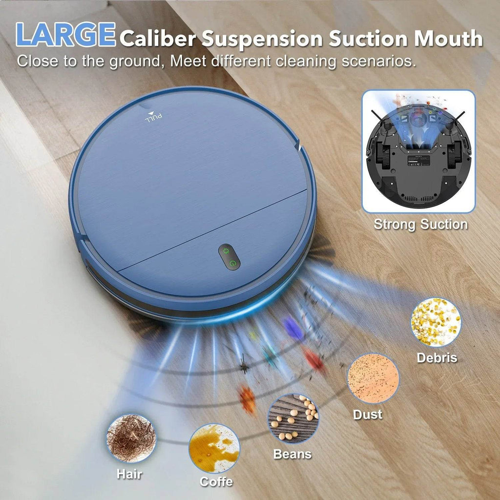 Robotic vacuum cleaner with large caliber suspension suction mouth on a wooden floor, cleaning various debris.