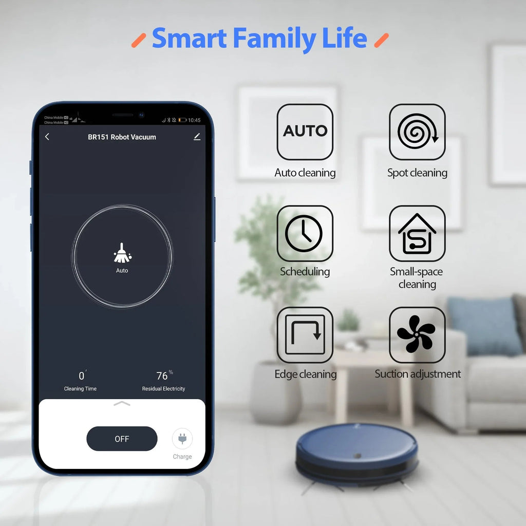 Smart family life app on a phone with robot vacuum and cleaning features displayed.