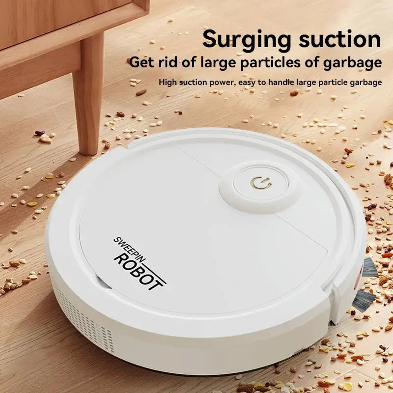 Robotic vacuum cleaner on a wooden floor with scattered particles, highlighting its suction power.