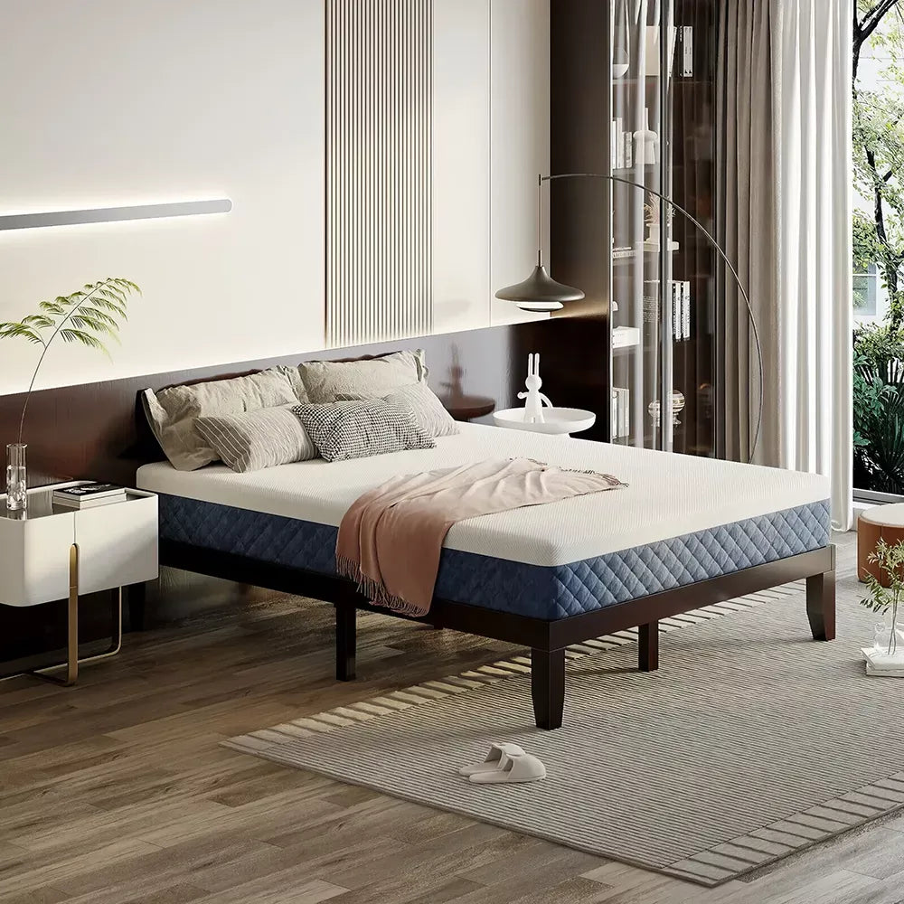 Queen Size Wooden Bed Frame with 10″ Multi-Layer Memory Foam Mattress – Espresso Finish - DSARD