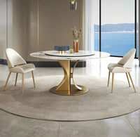 Luxury Marble Round Dining Table with Gold Stainless Steel Frame and Turntable - DSARD