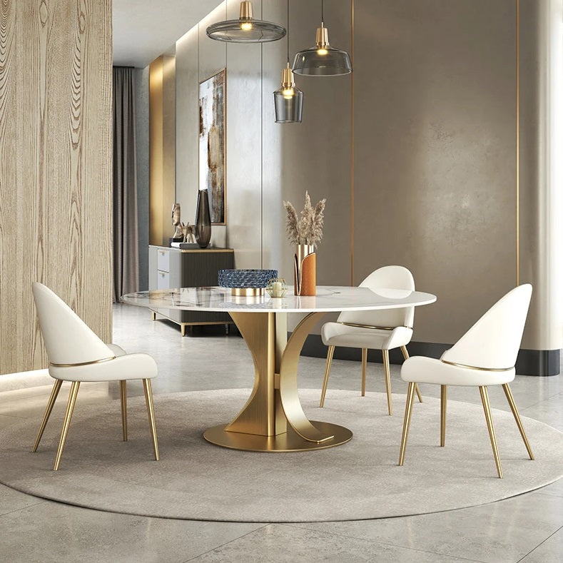 Luxury Marble Round Dining Table with Gold Stainless Steel Frame and Turntable - DSARD