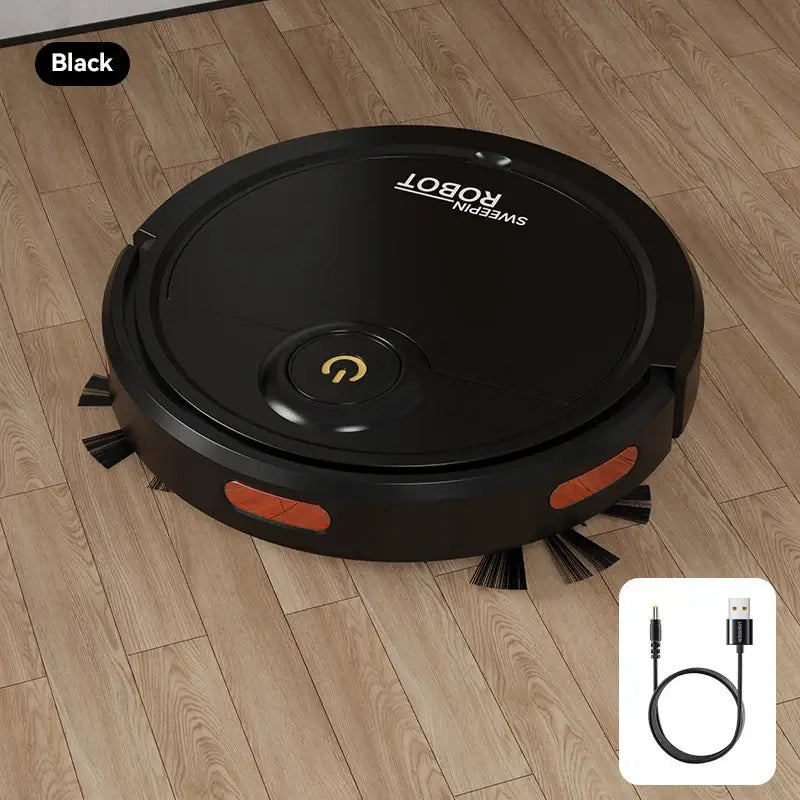 Black sweepin robot vacuum cleaner on a wooden floor with a cable icon and text indicating USB connection.