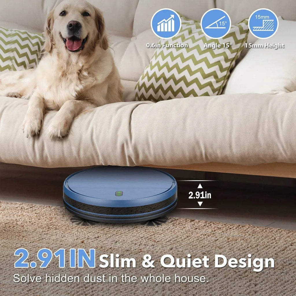 Dog sitting on a couch next to a robot vacuum cleaner with specifications displayed.