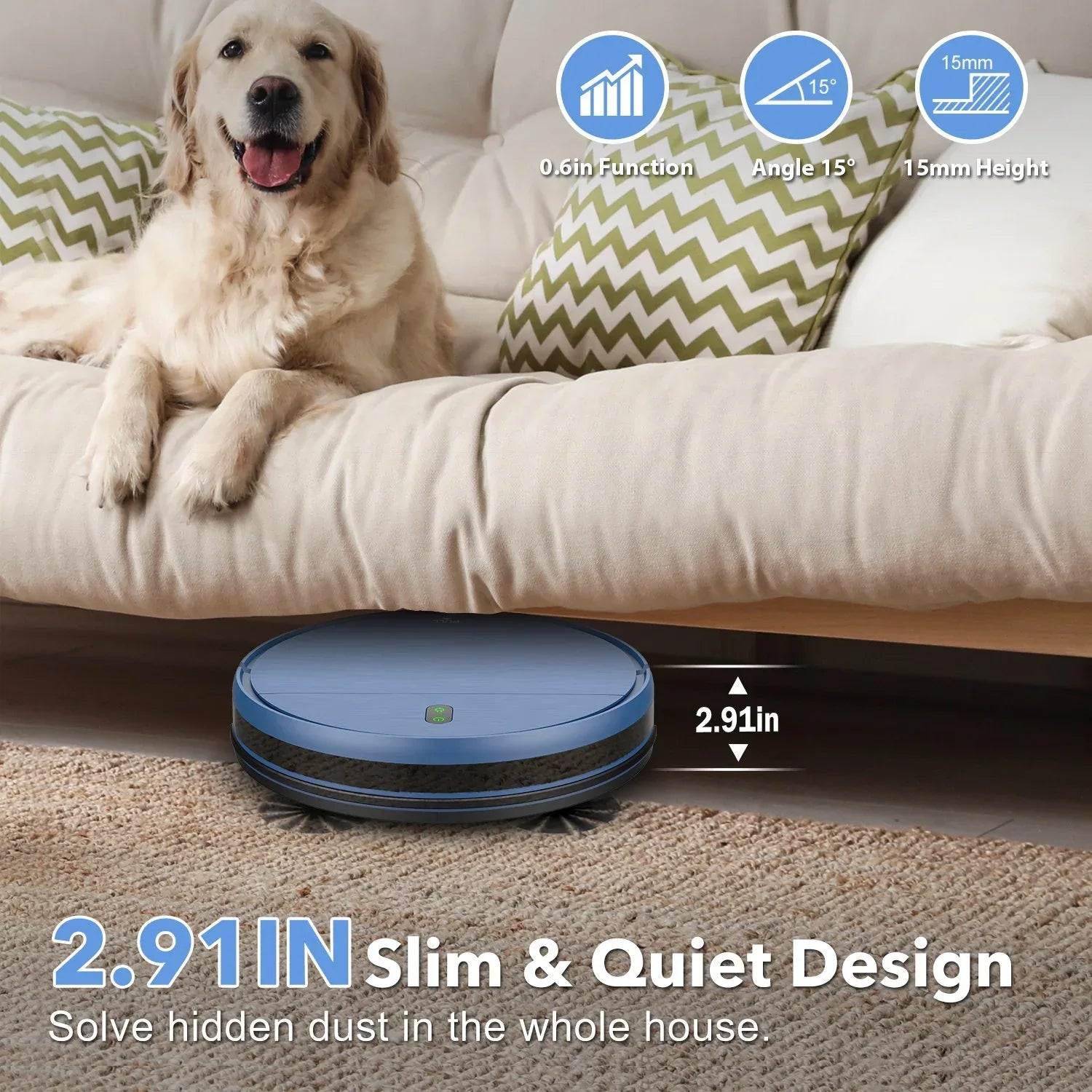 Dog sitting on a couch next to a robot vacuum cleaner with specifications displayed.