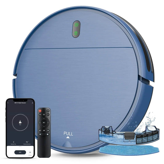 Blue robot vacuum cleaner with smartphone app and remote control on a white background