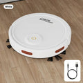 White robotic vacuum cleaner on a wooden floor with a cable icon inset.