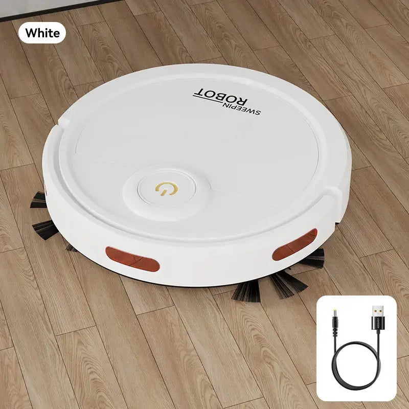 White robotic vacuum cleaner on a wooden floor with a cable icon inset.