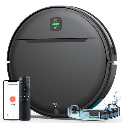 Robotic vacuum cleaner with smartphone app and remote control on a white background