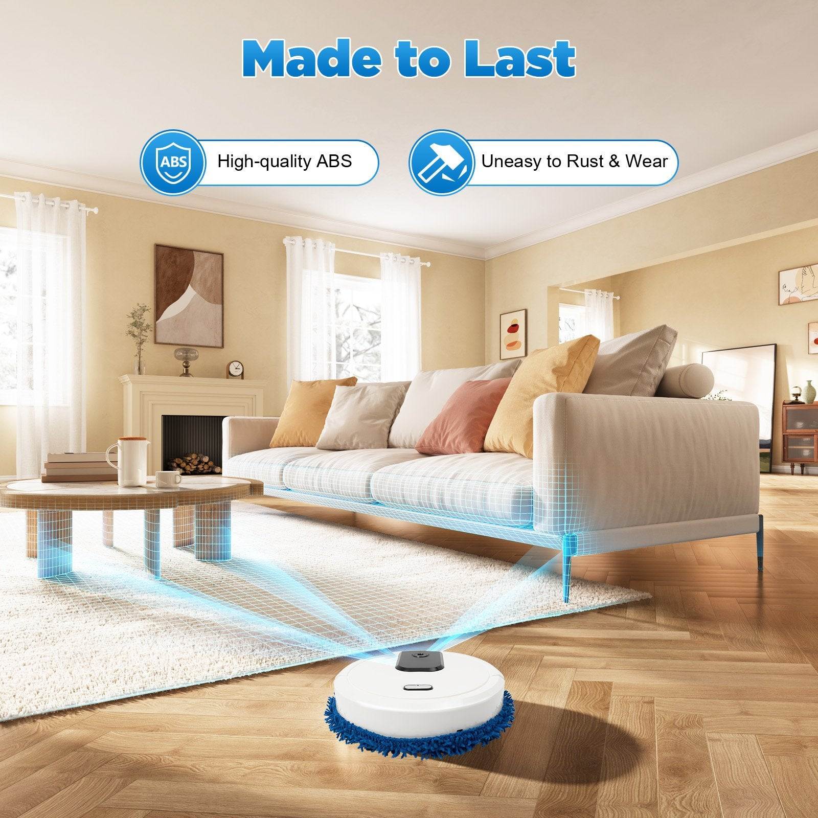 Robotic vacuum cleaner cleaning a living room floor with text 'Made to Last' and product features.