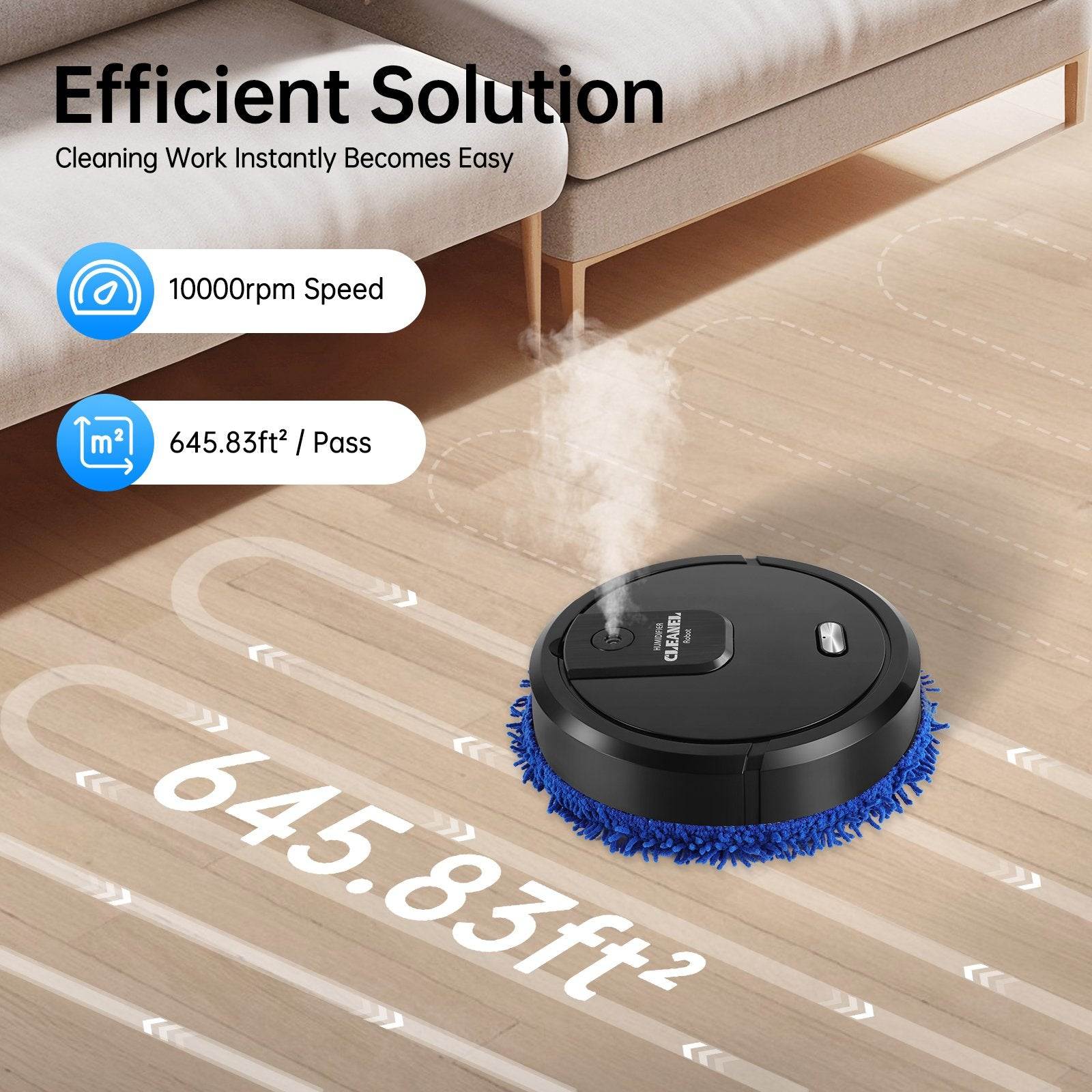 Robotic vacuum cleaner cleaning a wooden floor with text highlighting features.