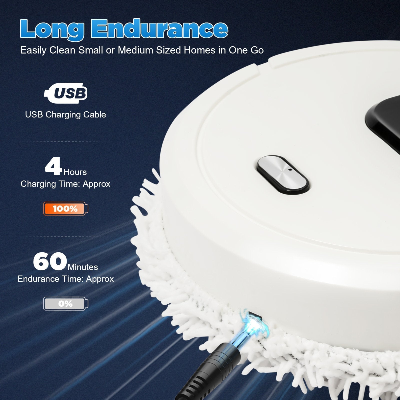 Robotic wet dry vacuum cleaner with charging cable and endurance time information on a dark blue background