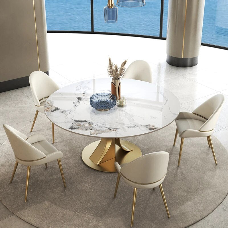 Luxury Marble Round Dining Table with Gold Stainless Steel Frame and Turntable - DSARD